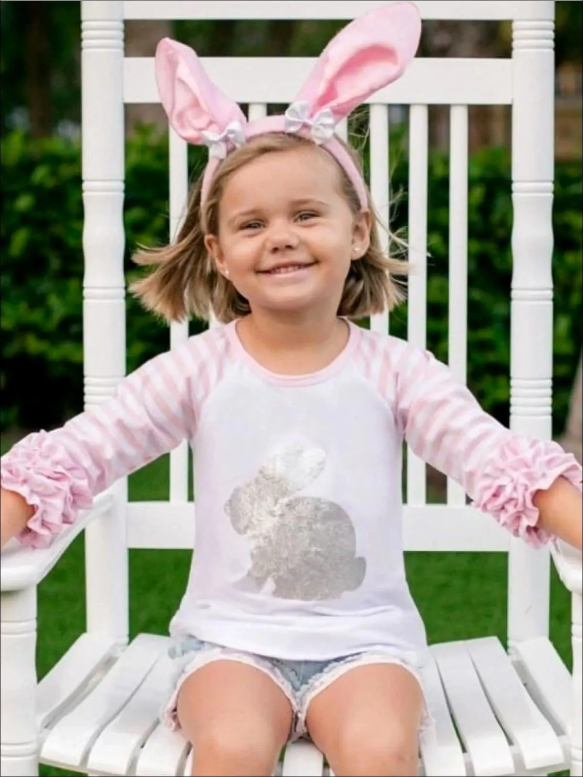 Girls Silver Bunny Printed 3/4 Ruffled Sleeve Top