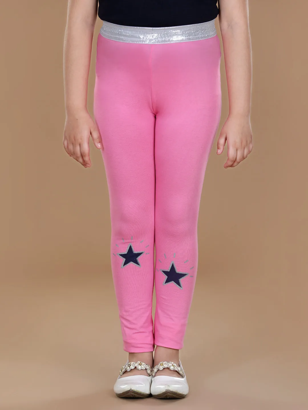 Girl's Silver Elasticated Waistband & Star Printed Pink Leggings - Stylestone Kid