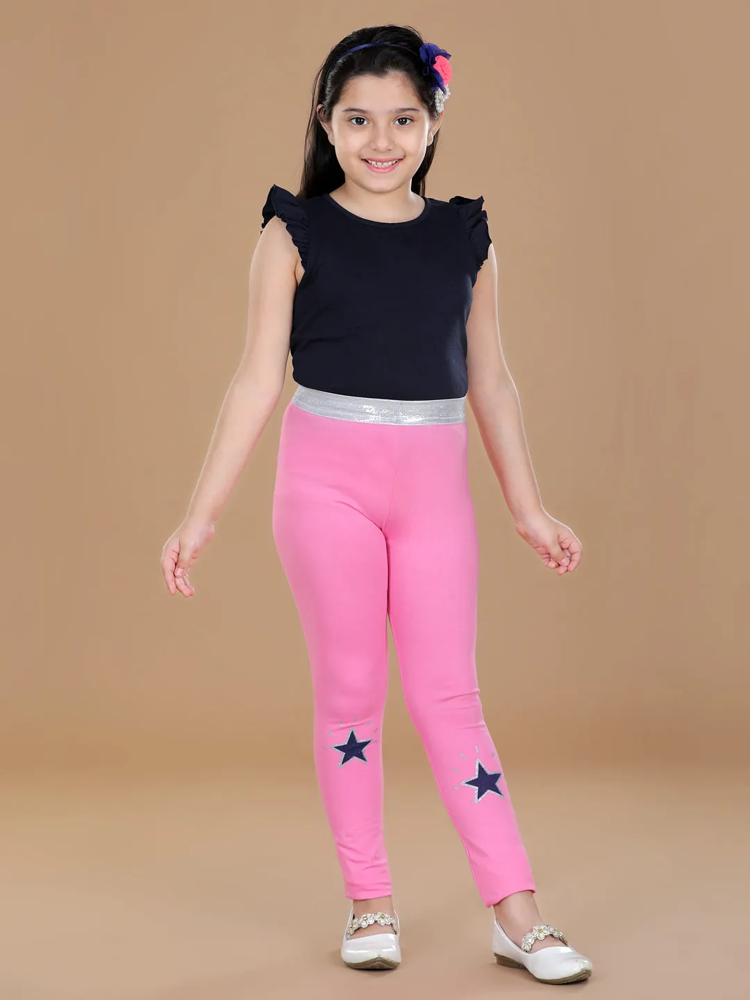 Girl's Silver Elasticated Waistband & Star Printed Pink Leggings - Stylestone Kid