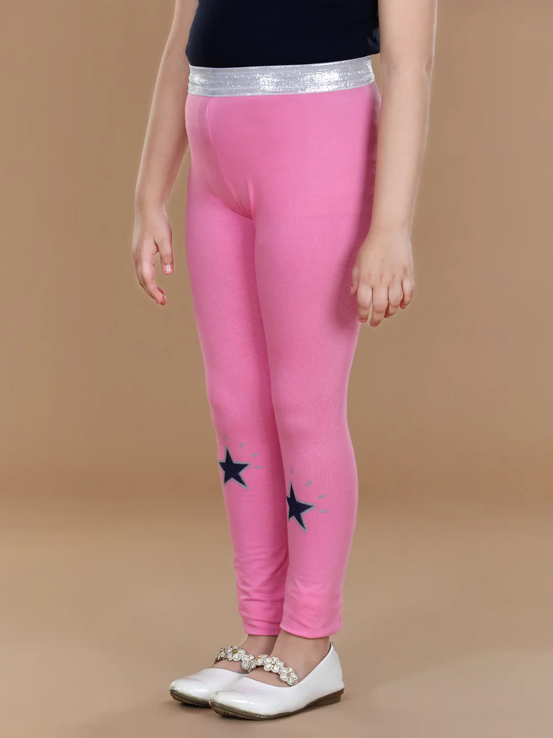 Girl's Silver Elasticated Waistband & Star Printed Pink Leggings - Stylestone Kid