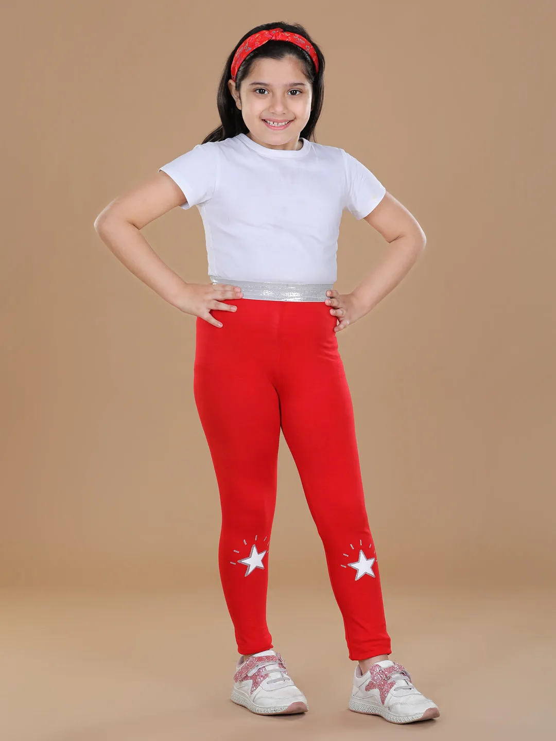 Girl's Silver Elasticated Waistband & Star Printed Red Leggings - Stylestone Kid