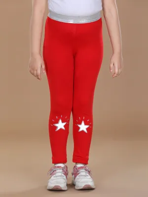 Girl's Silver Elasticated Waistband & Star Printed Red Leggings - Stylestone Kid