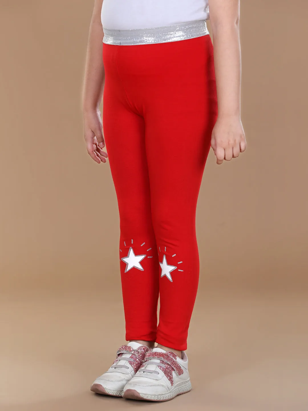 Girl's Silver Elasticated Waistband & Star Printed Red Leggings - Stylestone Kid