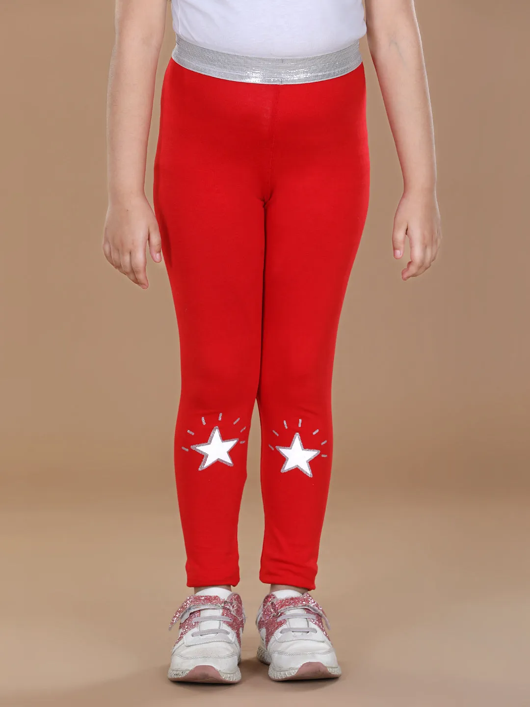 Girl's Silver Elasticated Waistband & Star Printed Red Leggings - Stylestone Kid