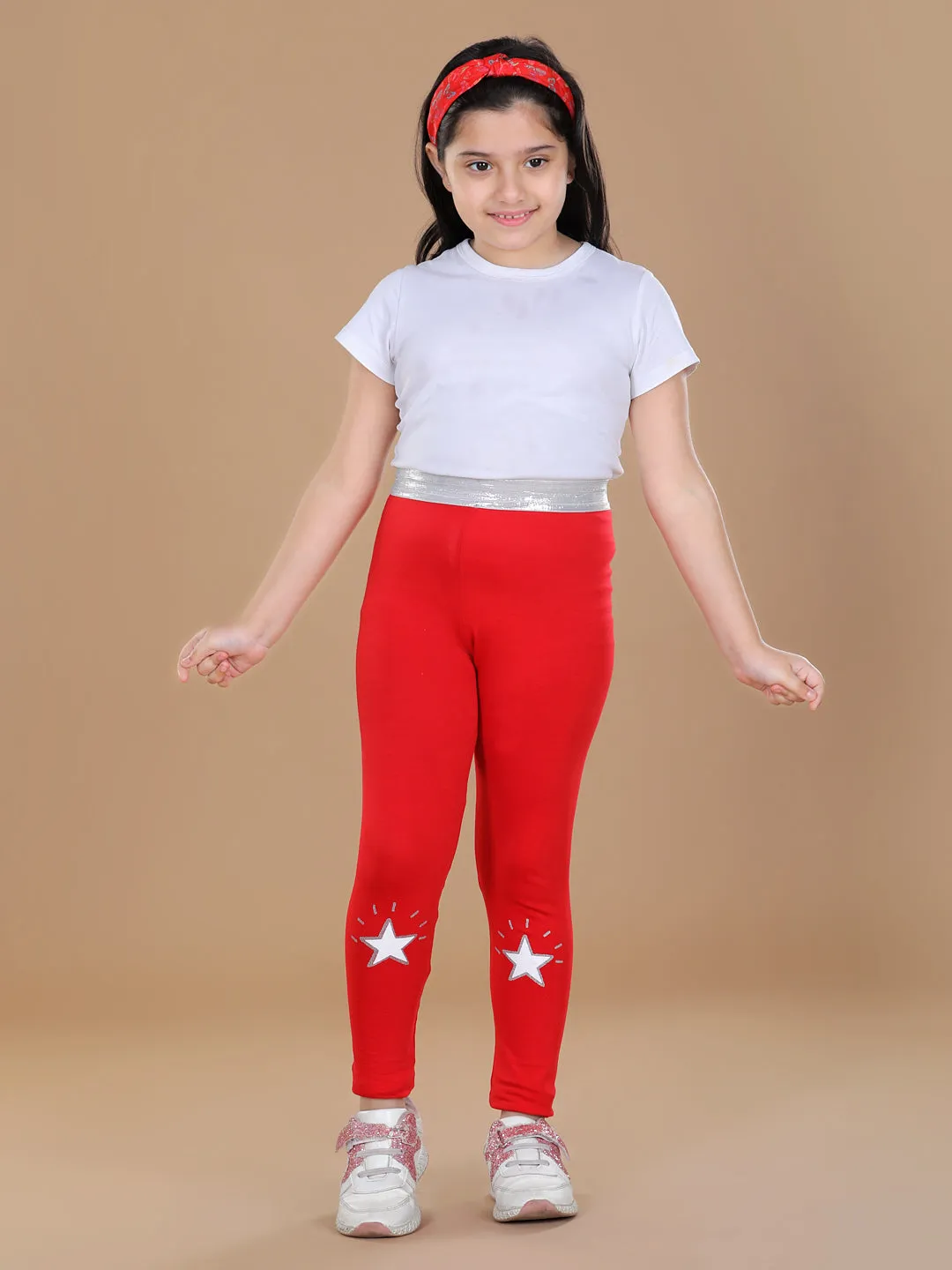 Girl's Silver Elasticated Waistband & Star Printed Red Leggings - Stylestone Kid