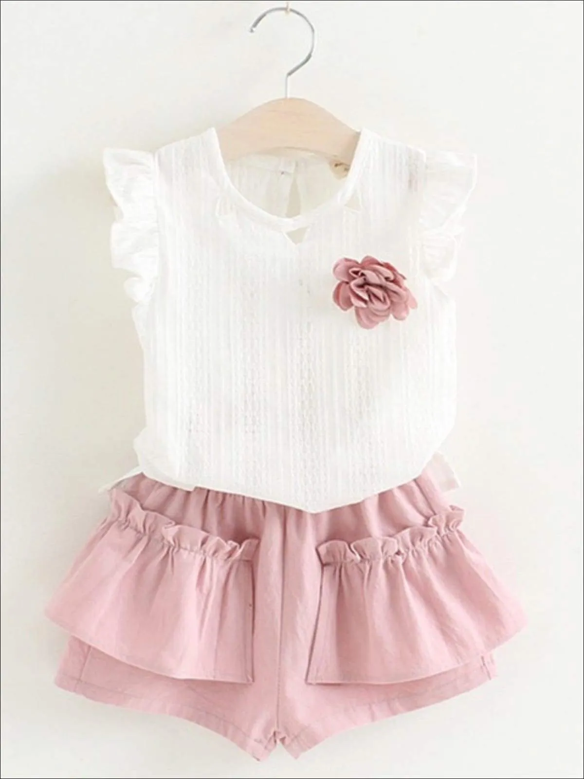 Girls Spring Ruffled Sleeve Blouse And Short Set