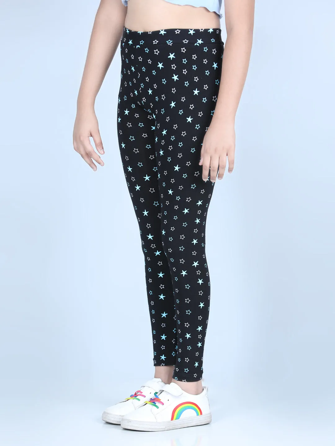 Girl's Star Printed Leggings With Flat Waistband- Black - Stylestone Kid