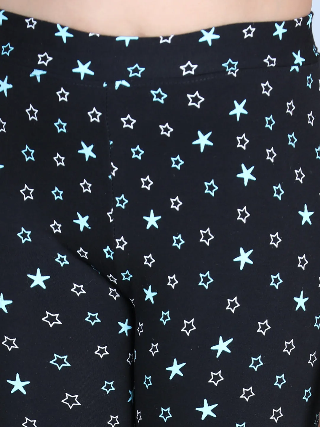 Girl's Star Printed Leggings With Flat Waistband- Black - Stylestone Kid