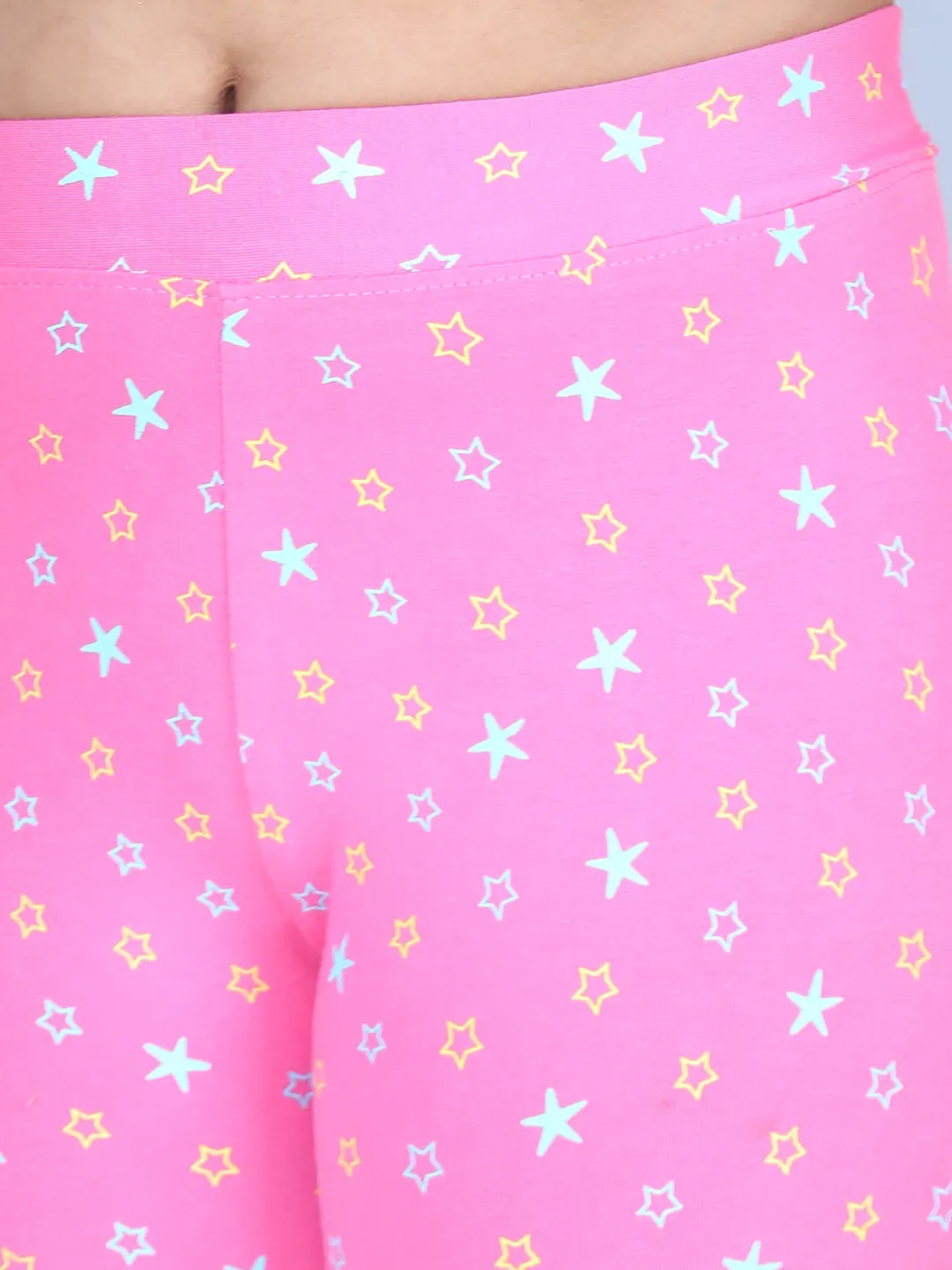 Girl's Star Printed Leggings With Flat Waistband- Pink - Stylestone Kid