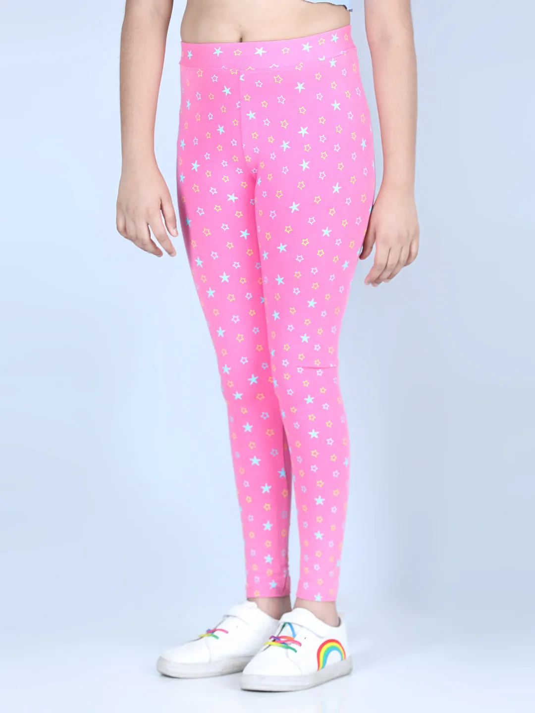 Girl's Star Printed Leggings With Flat Waistband- Pink - Stylestone Kid