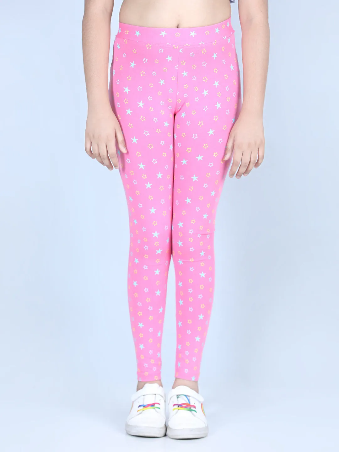 Girl's Star Printed Leggings With Flat Waistband- Pink - Stylestone Kid