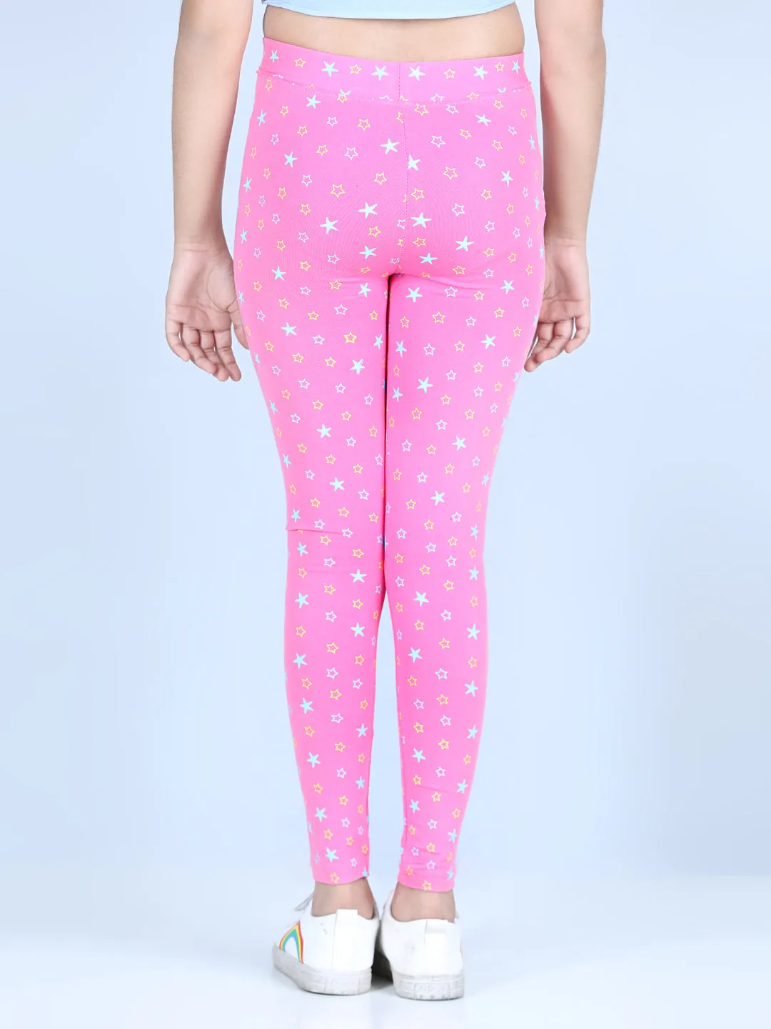 Girl's Star Printed Leggings With Flat Waistband- Pink - Stylestone Kid