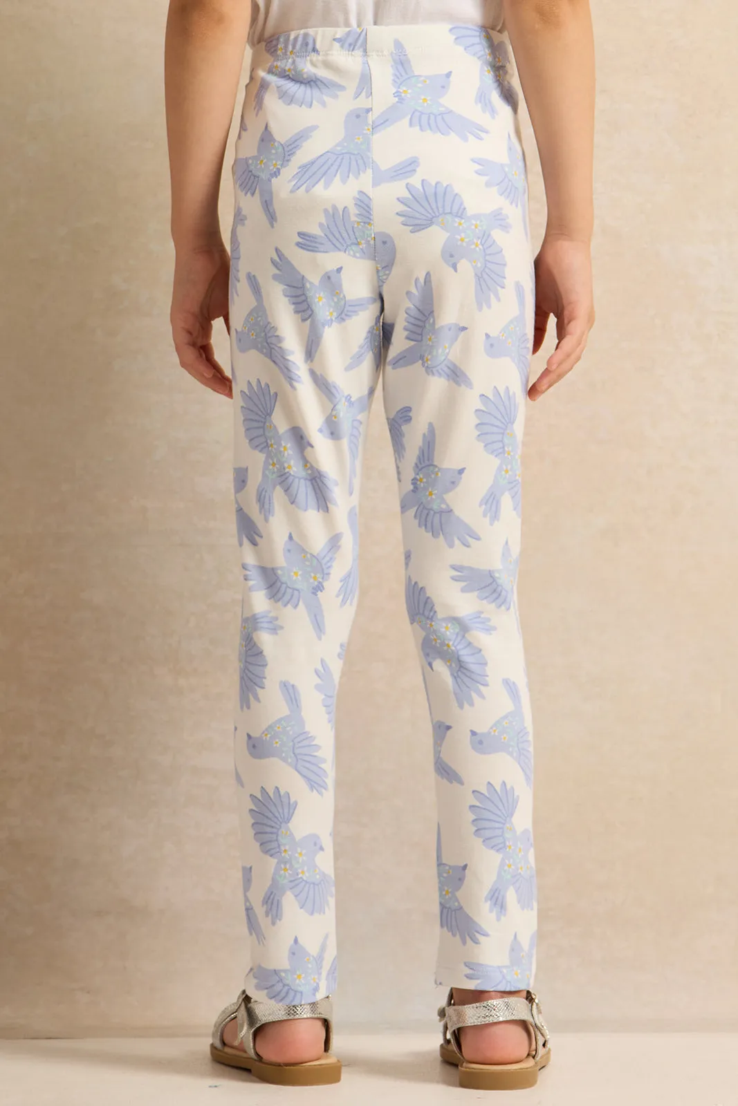 Girls White Birds Leggings