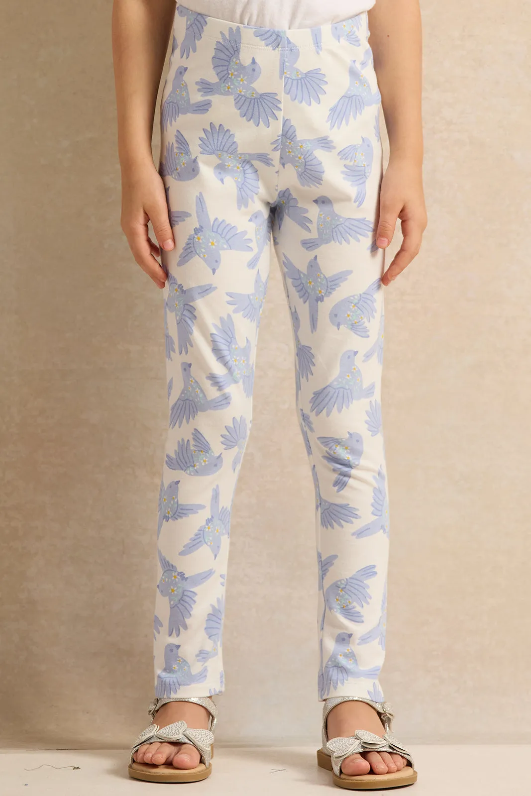 Girls White Birds Leggings