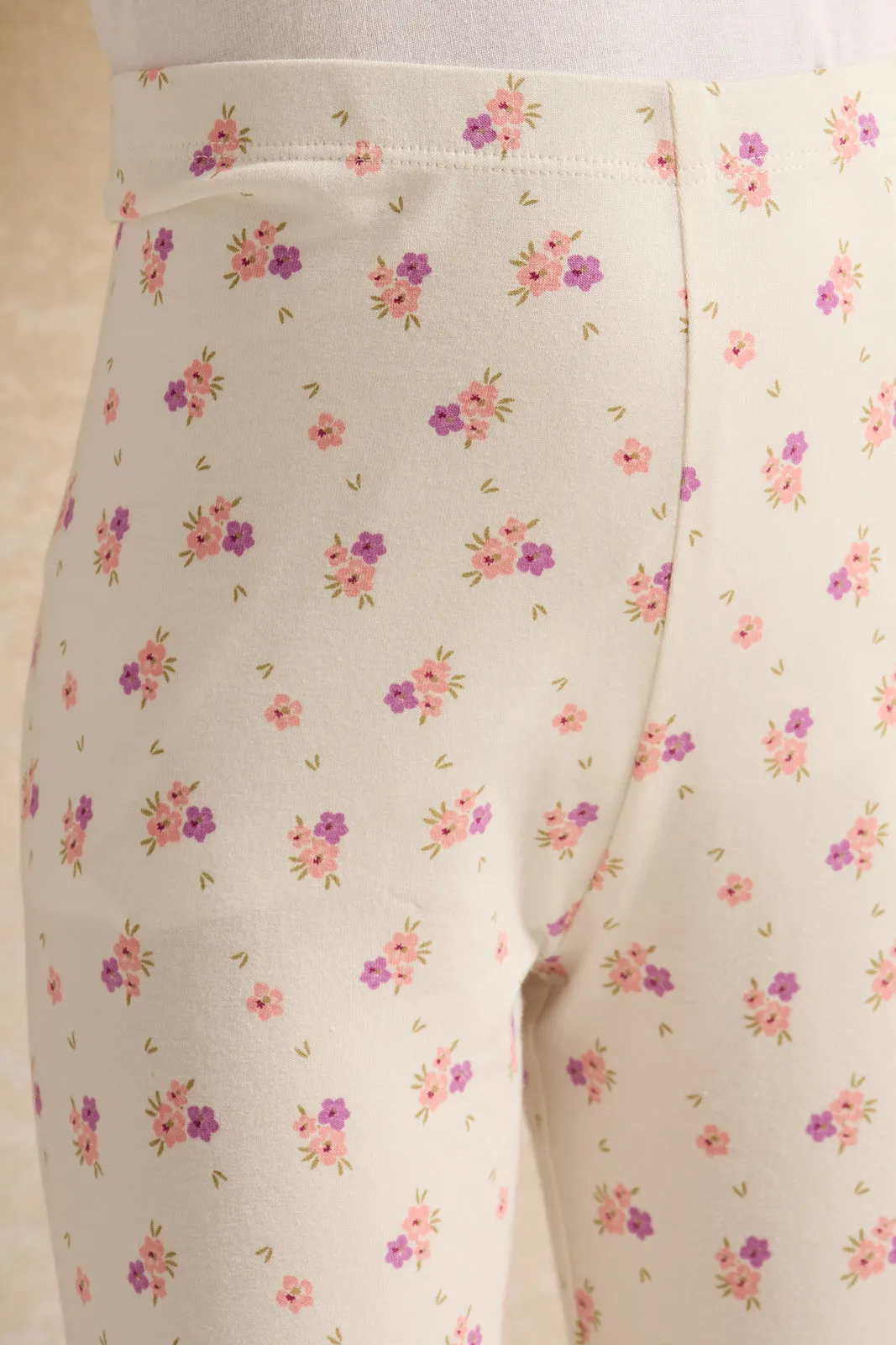 Girls White Floral Print Leggings