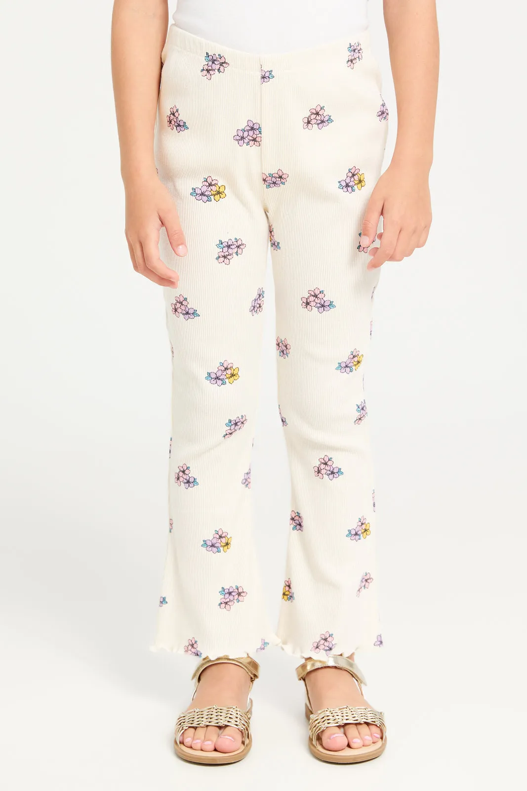 Girls White Floral Printed Leggings