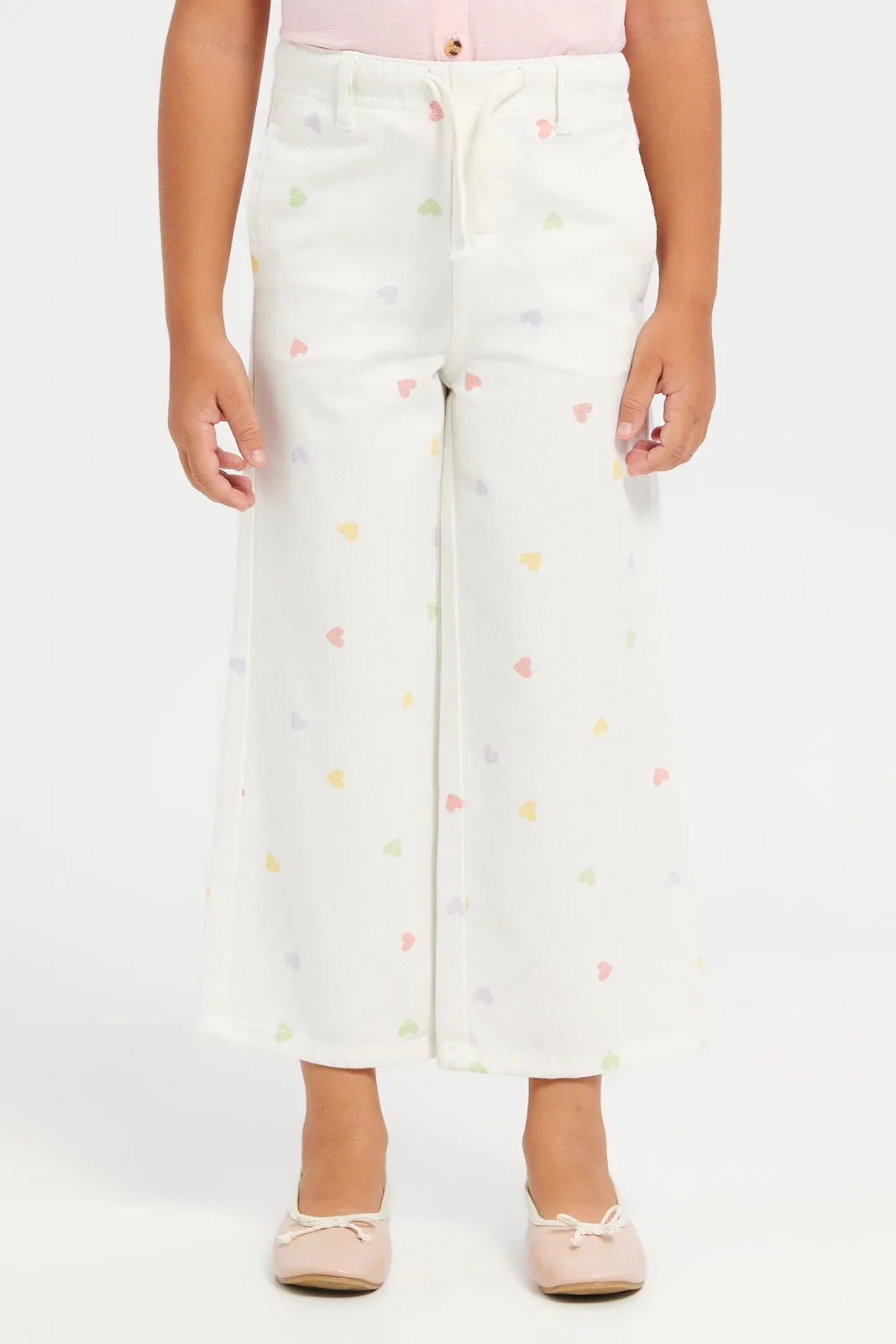 Girls White Printed Pants