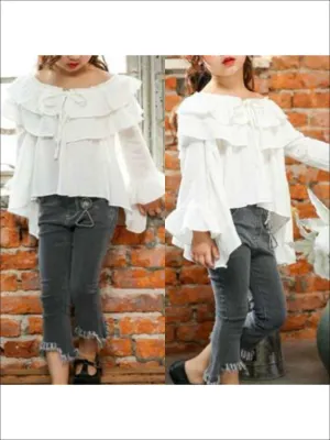 Girls White Ruffled Long Sleeve Shirt