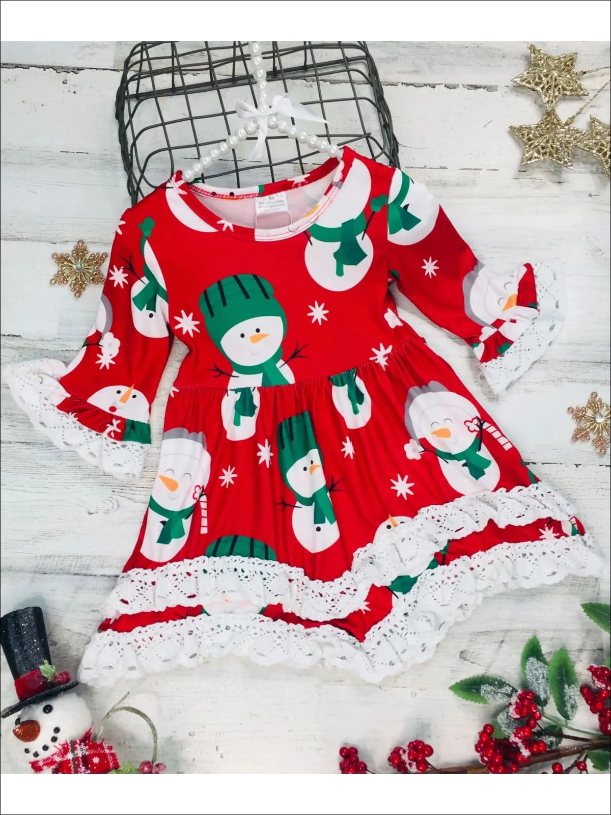 Girls Winter Themed 2-Tiered Crochet Long Flared Sleeve Snowman Print Dress