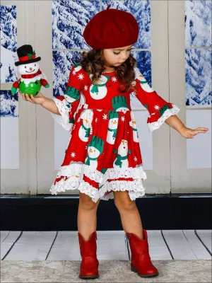 Girls Winter Themed 2-Tiered Crochet Long Flared Sleeve Snowman Print Dress