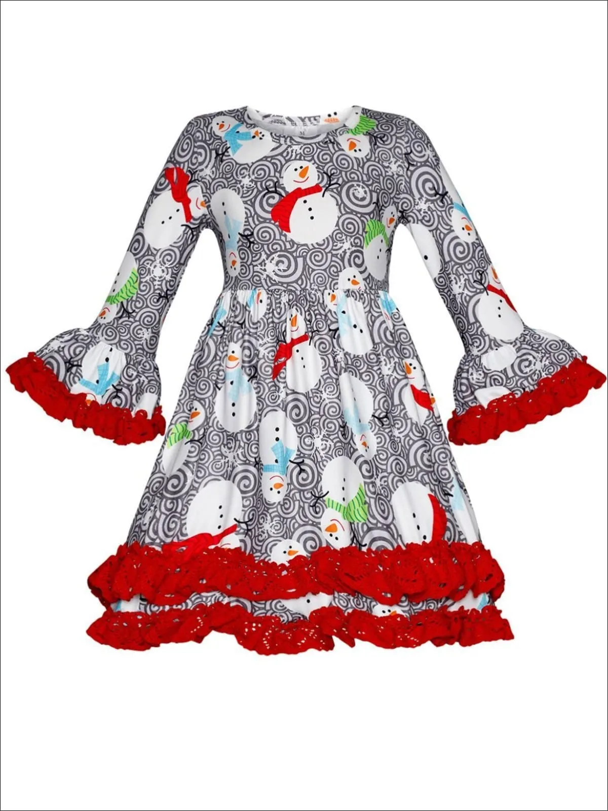 Girls Winter Themed 2-Tiered Crochet Long Flared Sleeve Swirl Snowman Print Dress