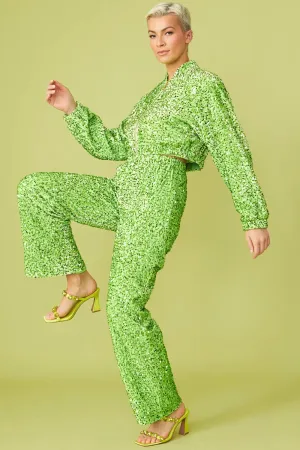 Green Bamboo Blend Sequin Trousers