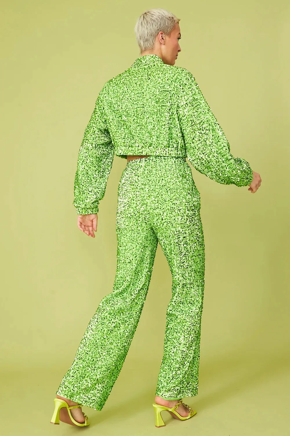 Green Bamboo Blend Sequin Trousers