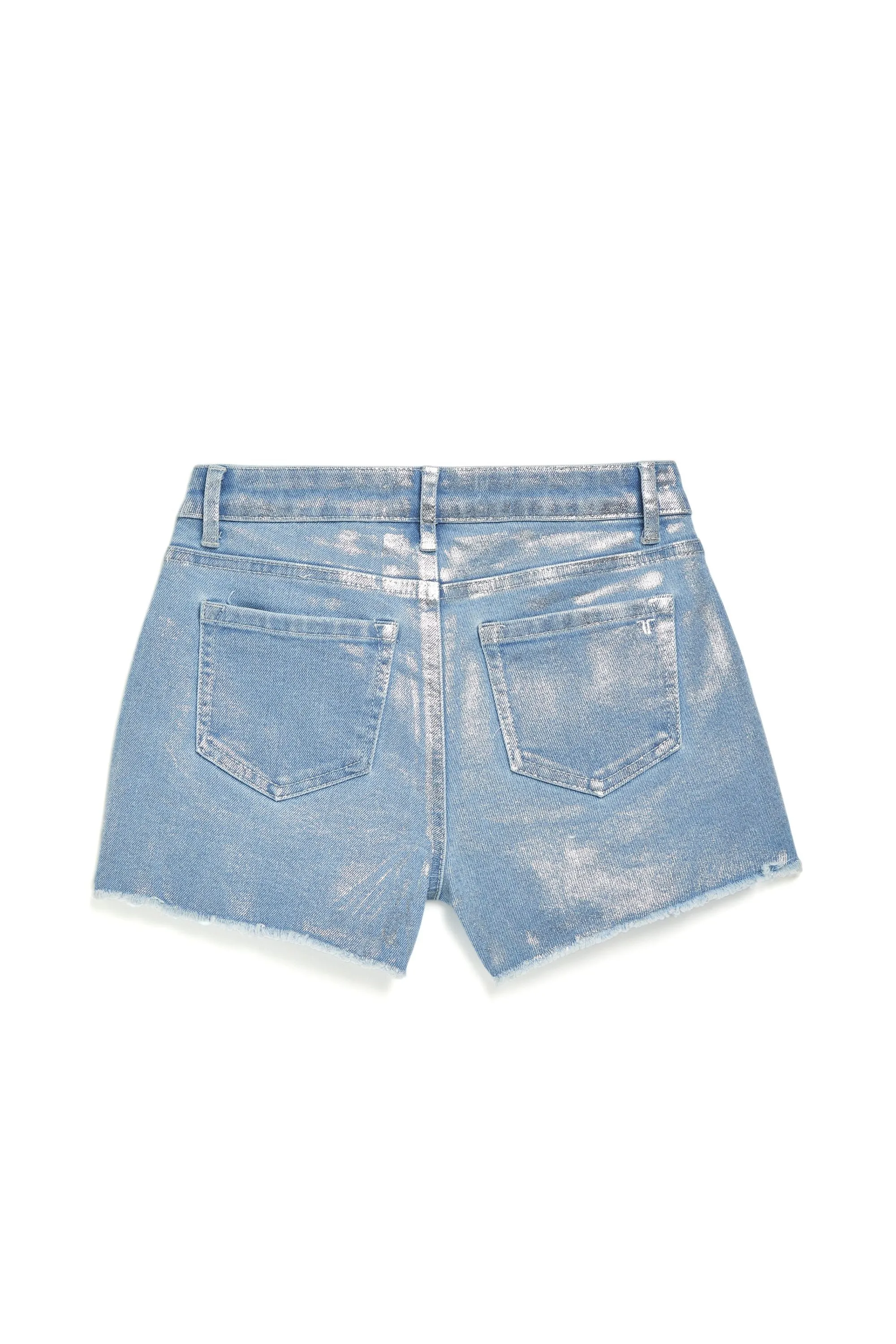 High Rise Metallic Foil Fray Hem Denim Shorts