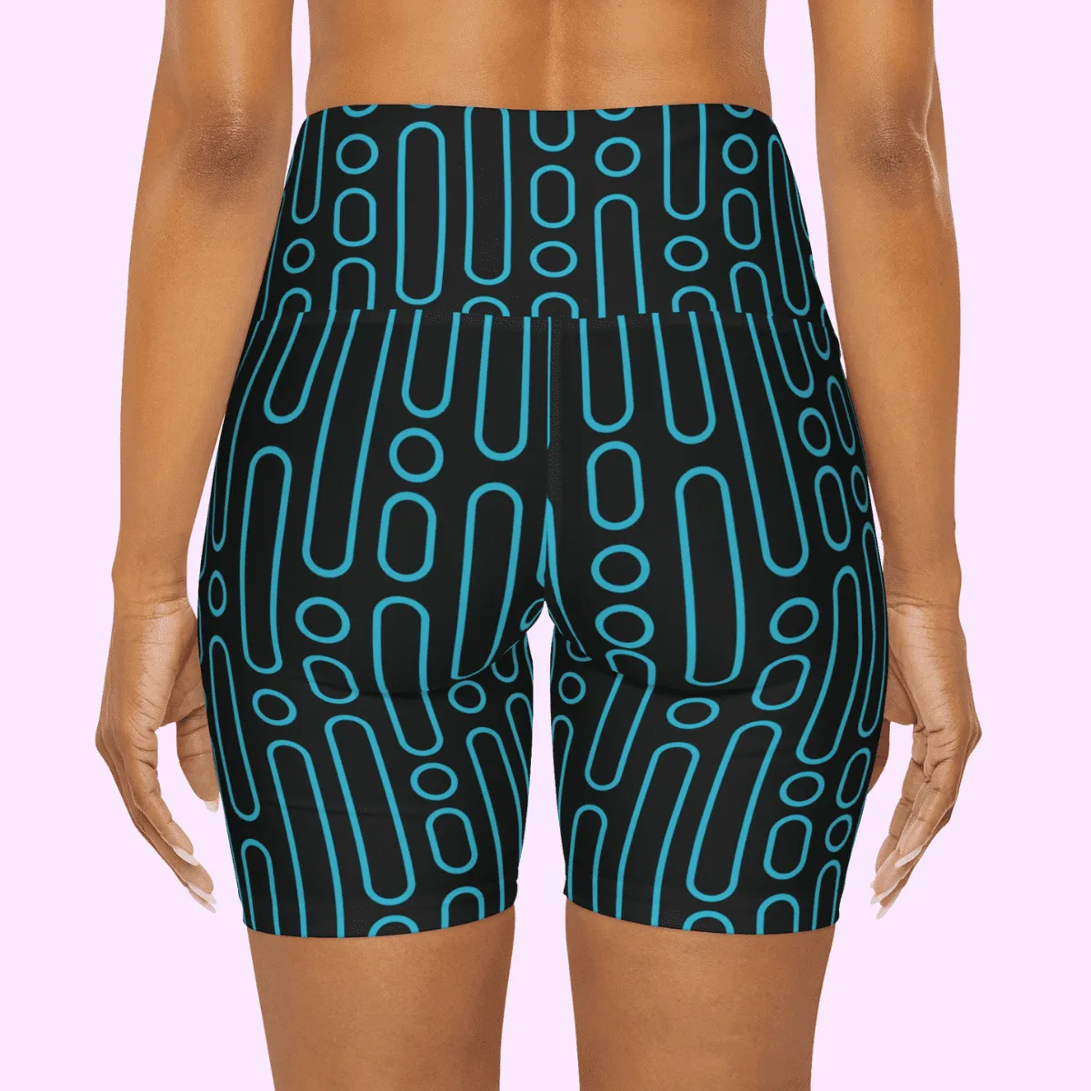 High Waisted Yoga Shorts Blue Morse Code