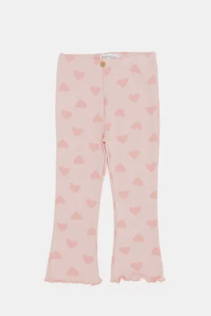 Infant Girls Pink Printed Tonal Pink Flower With Pocket Bell Bottom Leggings