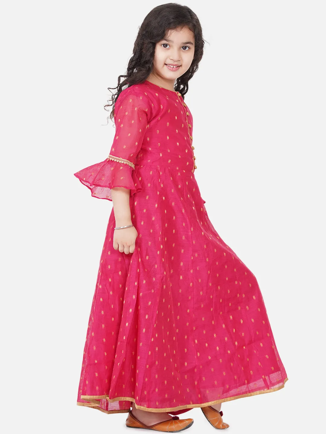 Jashvi Girls Pink Bell Sleeves Ethnic Maxi Dress