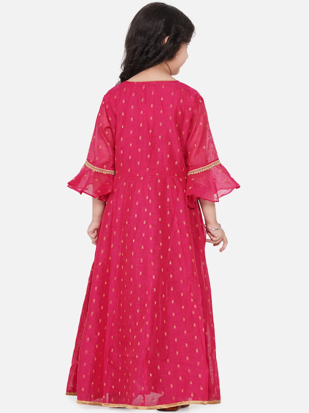 Jashvi Girls Pink Bell Sleeves Ethnic Maxi Dress