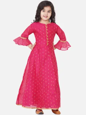 Jashvi Girls Pink Bell Sleeves Ethnic Maxi Dress