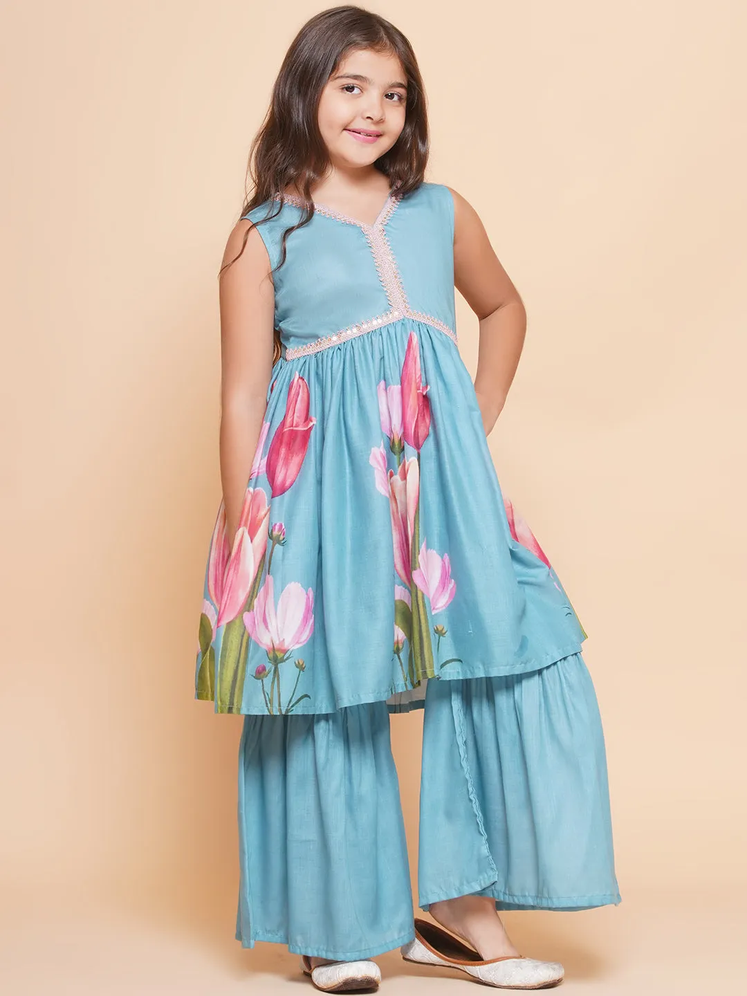 Jashvi Girls Turquoise Blue Printed Alia Design Kurta & Sharara