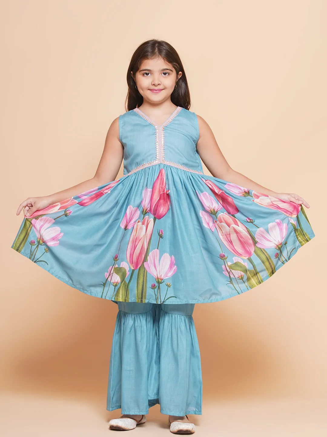 Jashvi Girls Turquoise Blue Printed Alia Design Kurta & Sharara