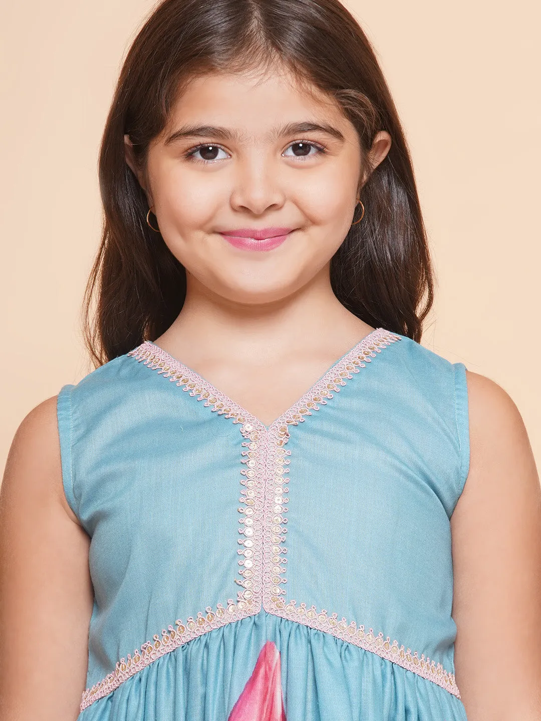 Jashvi Girls Turquoise Blue Printed Alia Design Kurta & Sharara