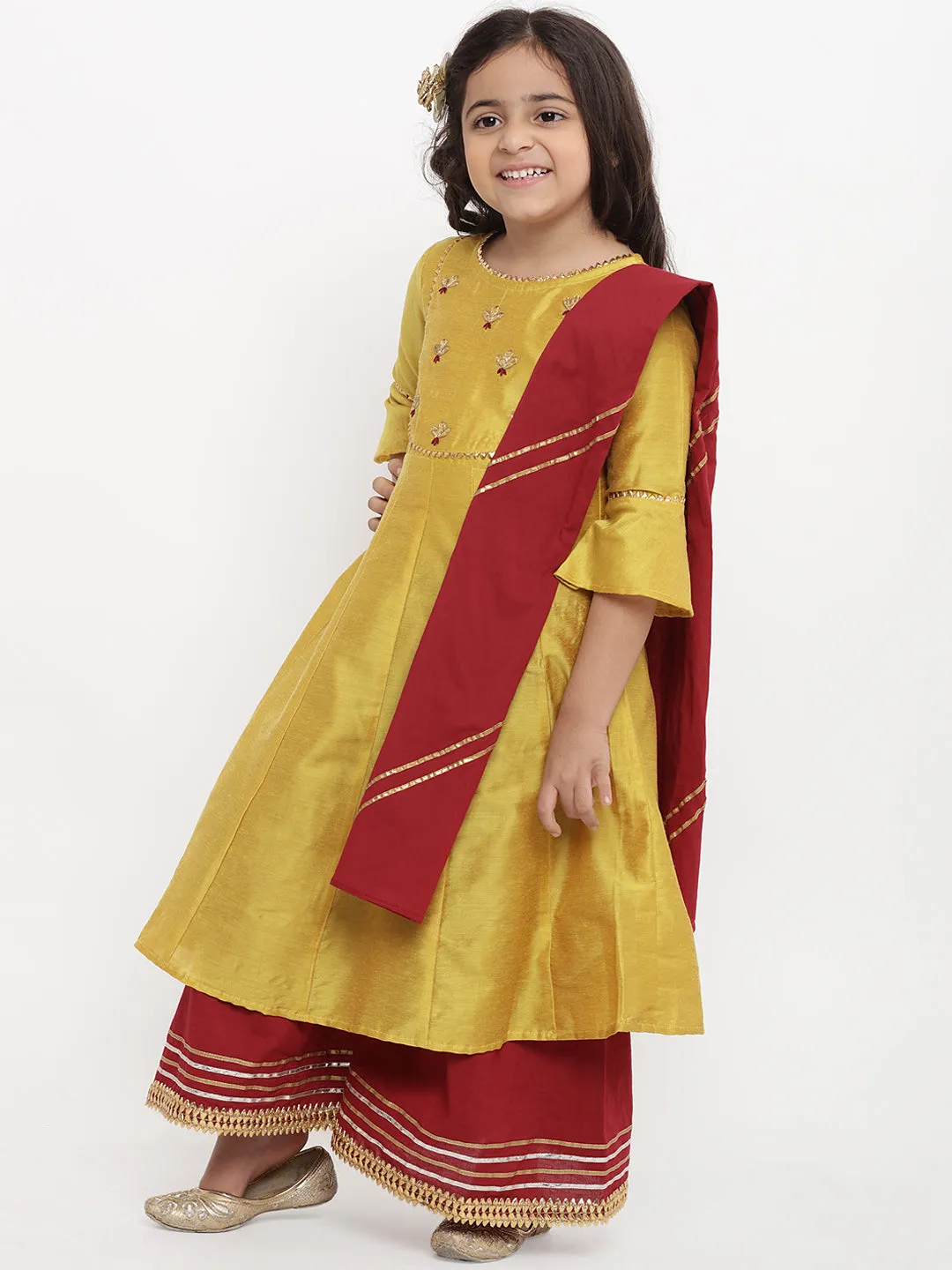 Jashvi Girls Yellow Yoke Design Kurta With Palazzos & With Dupatta