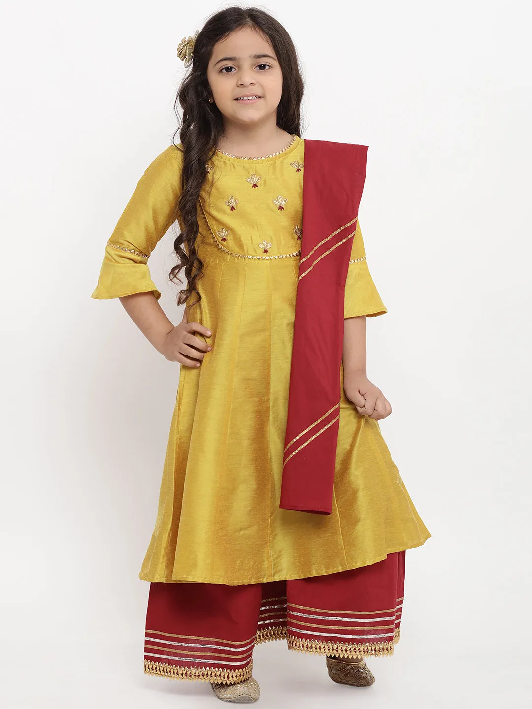 Jashvi Girls Yellow Yoke Design Kurta With Palazzos & With Dupatta