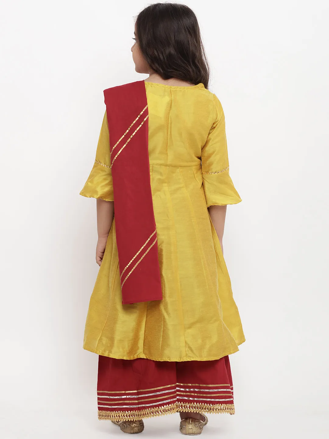 Jashvi Girls Yellow Yoke Design Kurta With Palazzos & With Dupatta