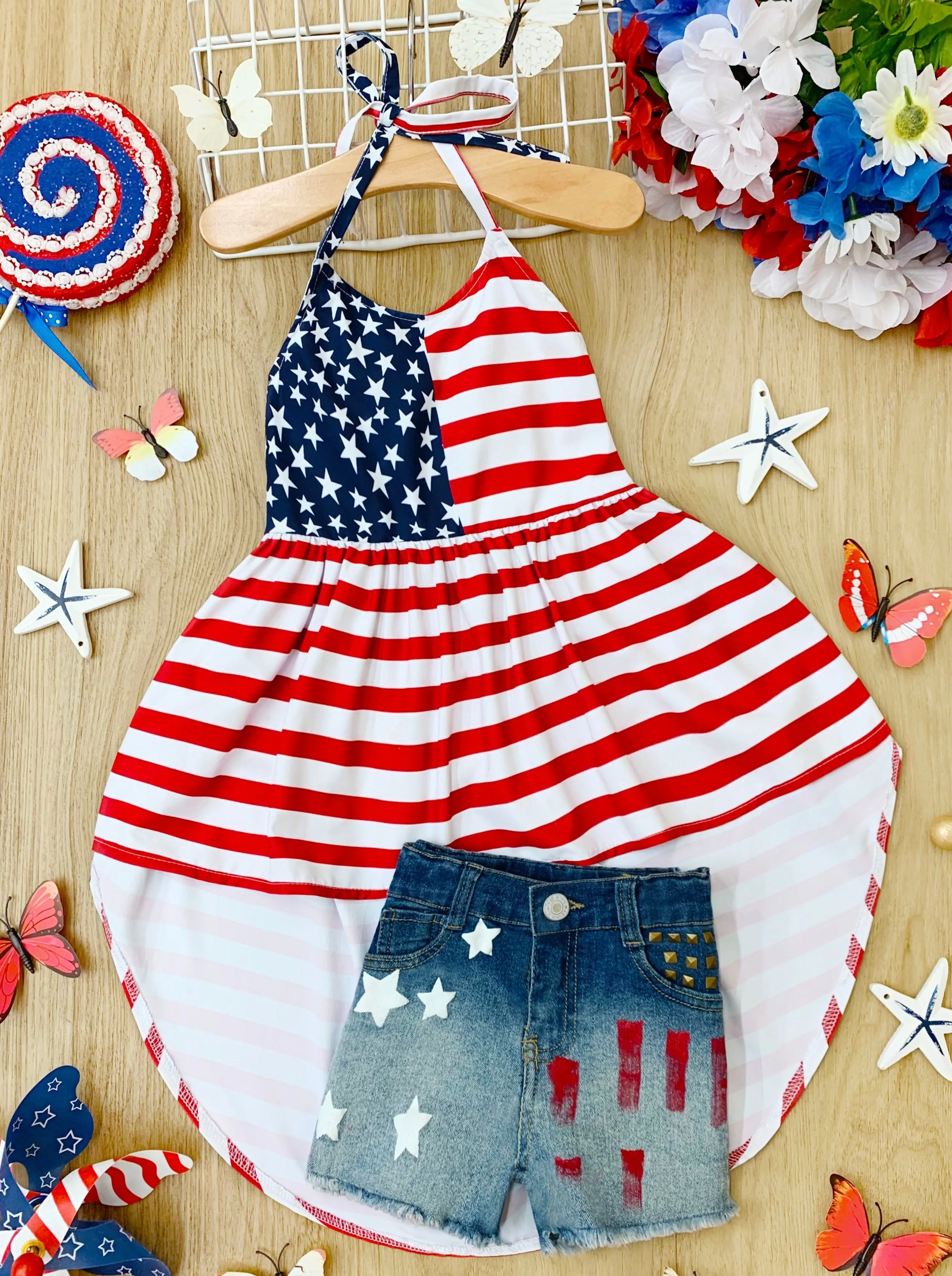 Land That I Love Flag Hi Lo Top and Denim Shorts Set