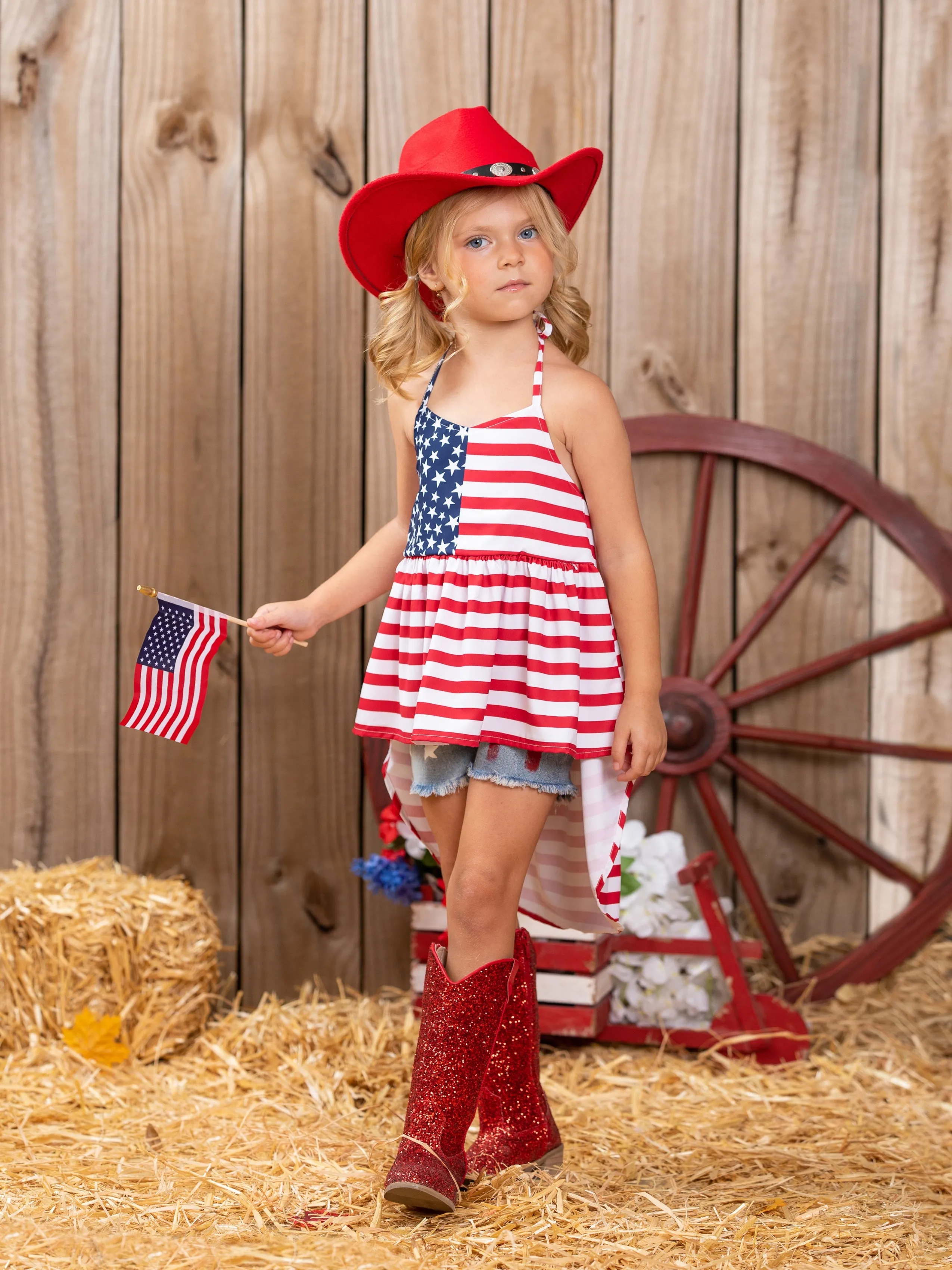 Land That I Love Flag Hi Lo Top and Denim Shorts Set