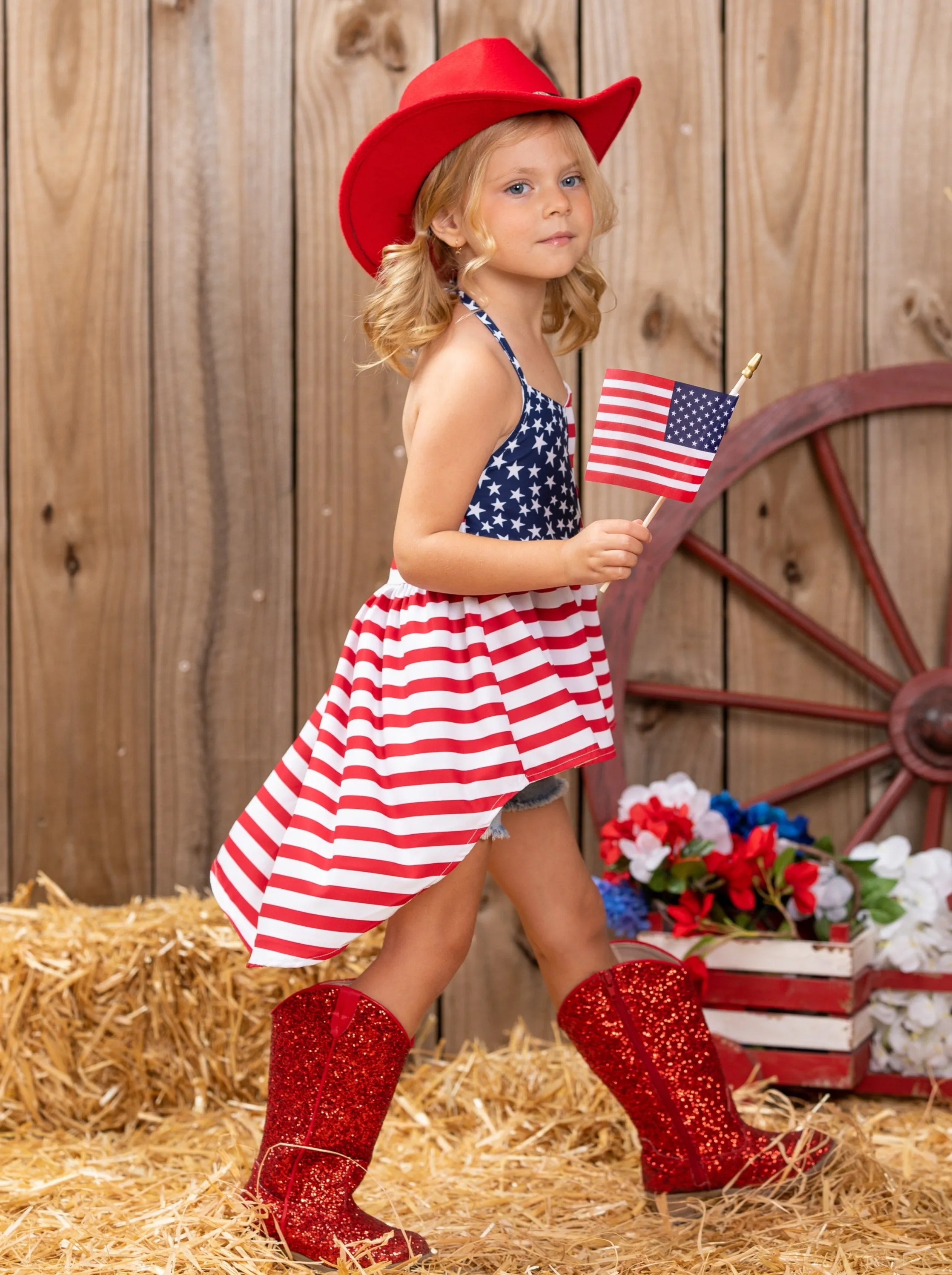 Land That I Love Flag Hi Lo Top and Denim Shorts Set