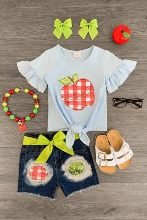 Light Blue Apple Tie Top Denim Short Set