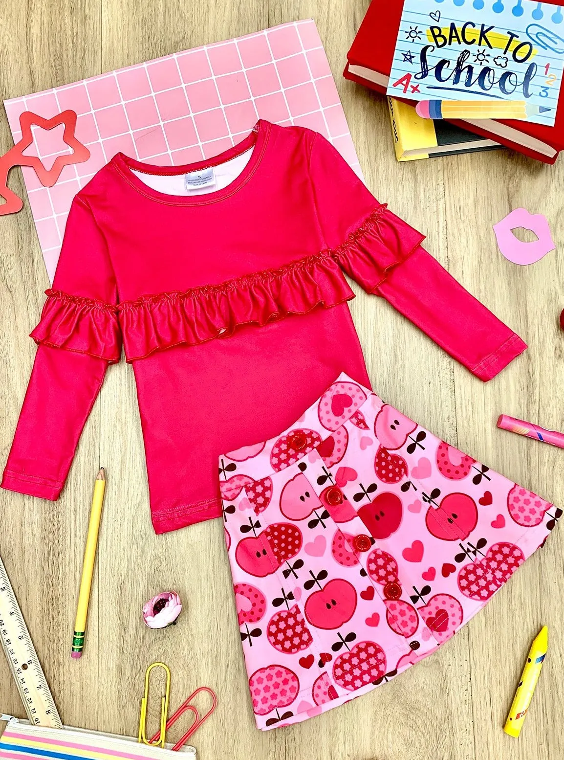 Make The Grade Ruffle Top and Apple Button Skirt Set