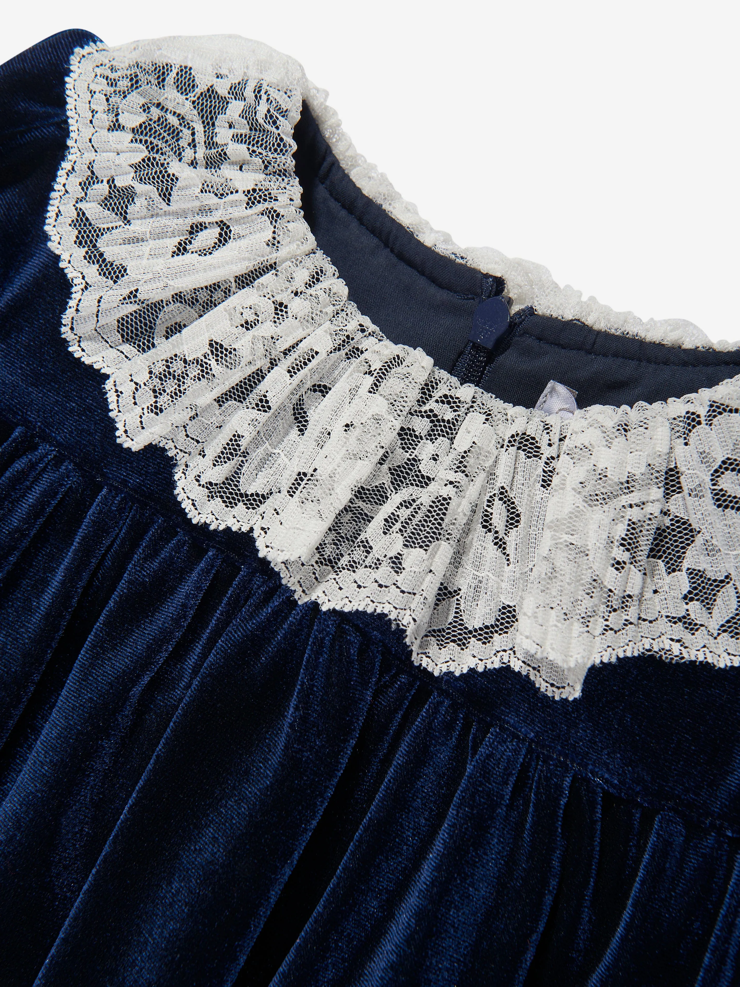 Patachou Baby Girls Velvet Lace Trim Dress in Navy