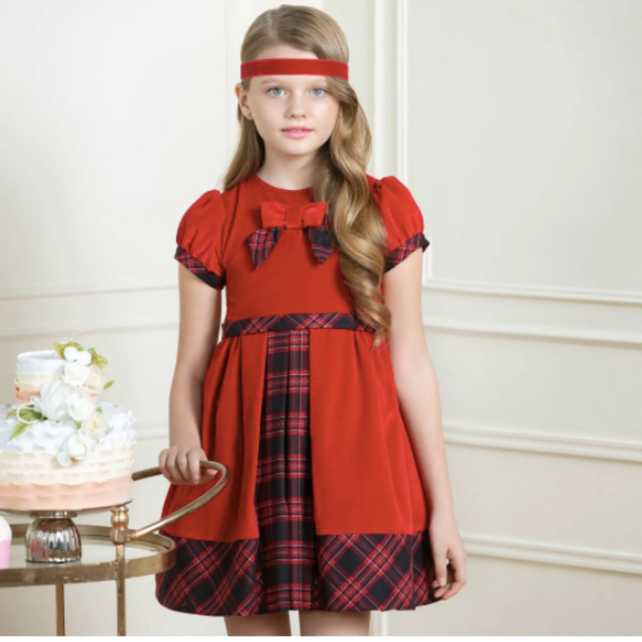 Patachou Girls Red Velvet Tartan Dress