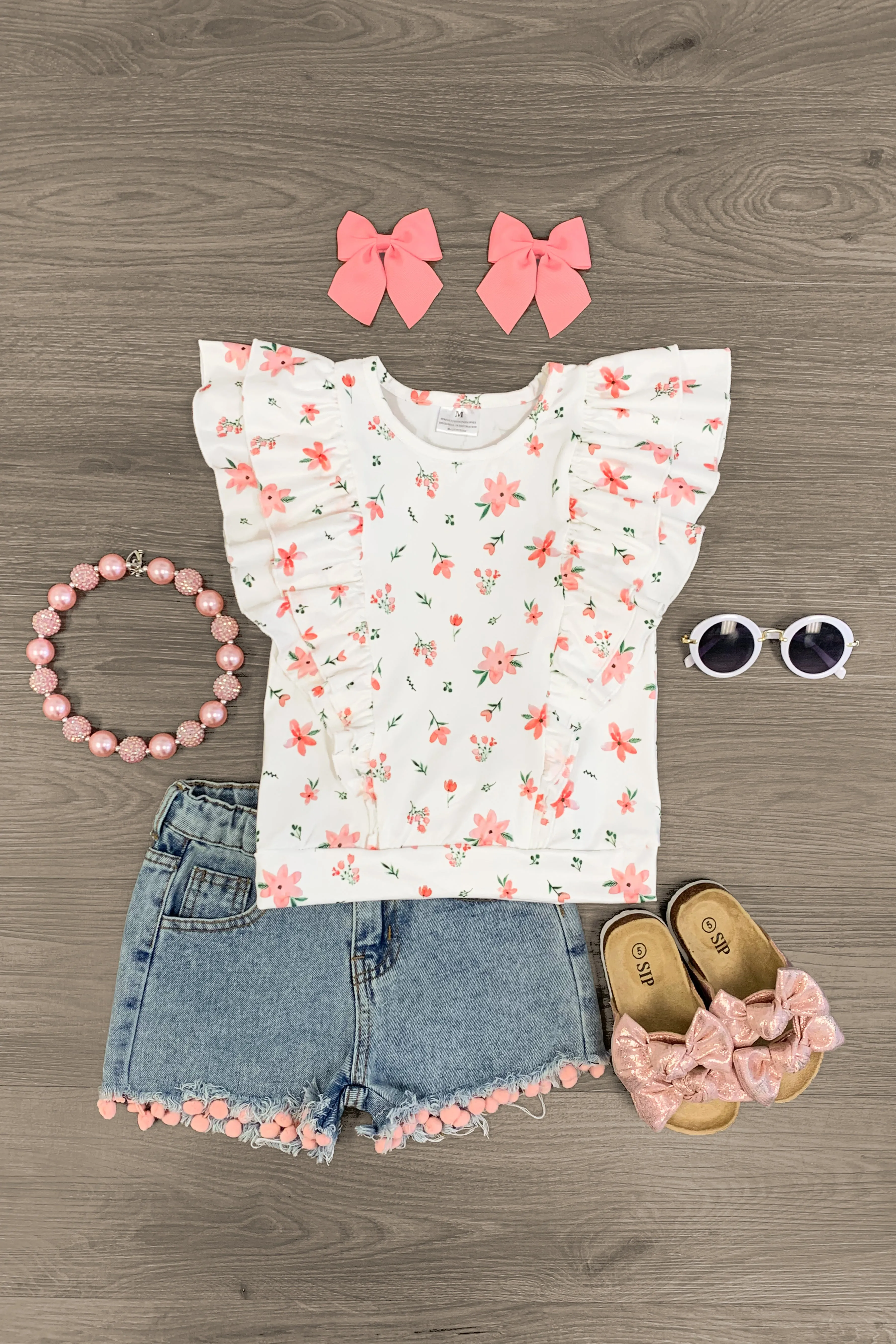 Pink Flowers Pom-Pom Denim Short Set