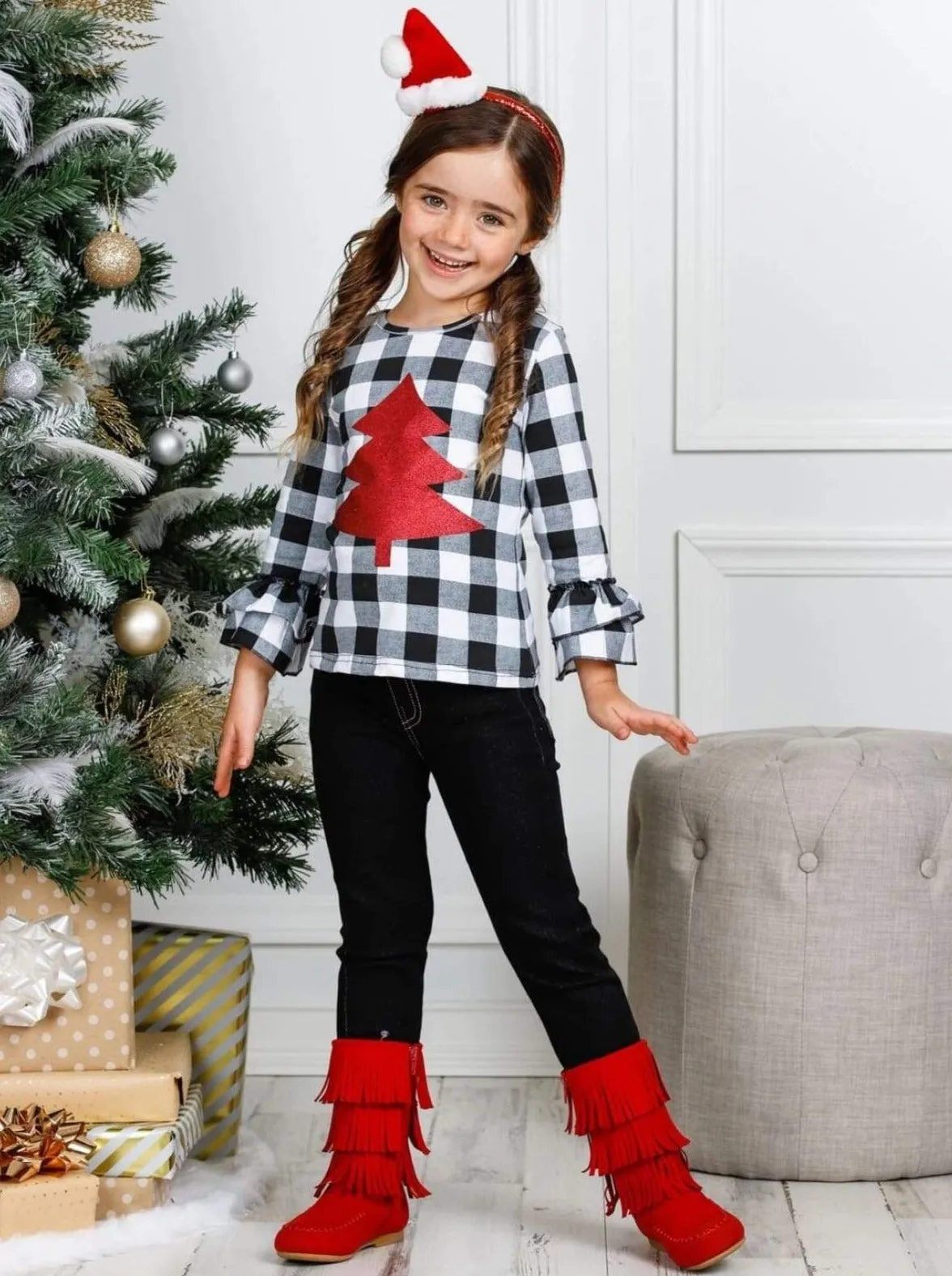 Plaid Shimmer Tree Cuffed Jeans Set