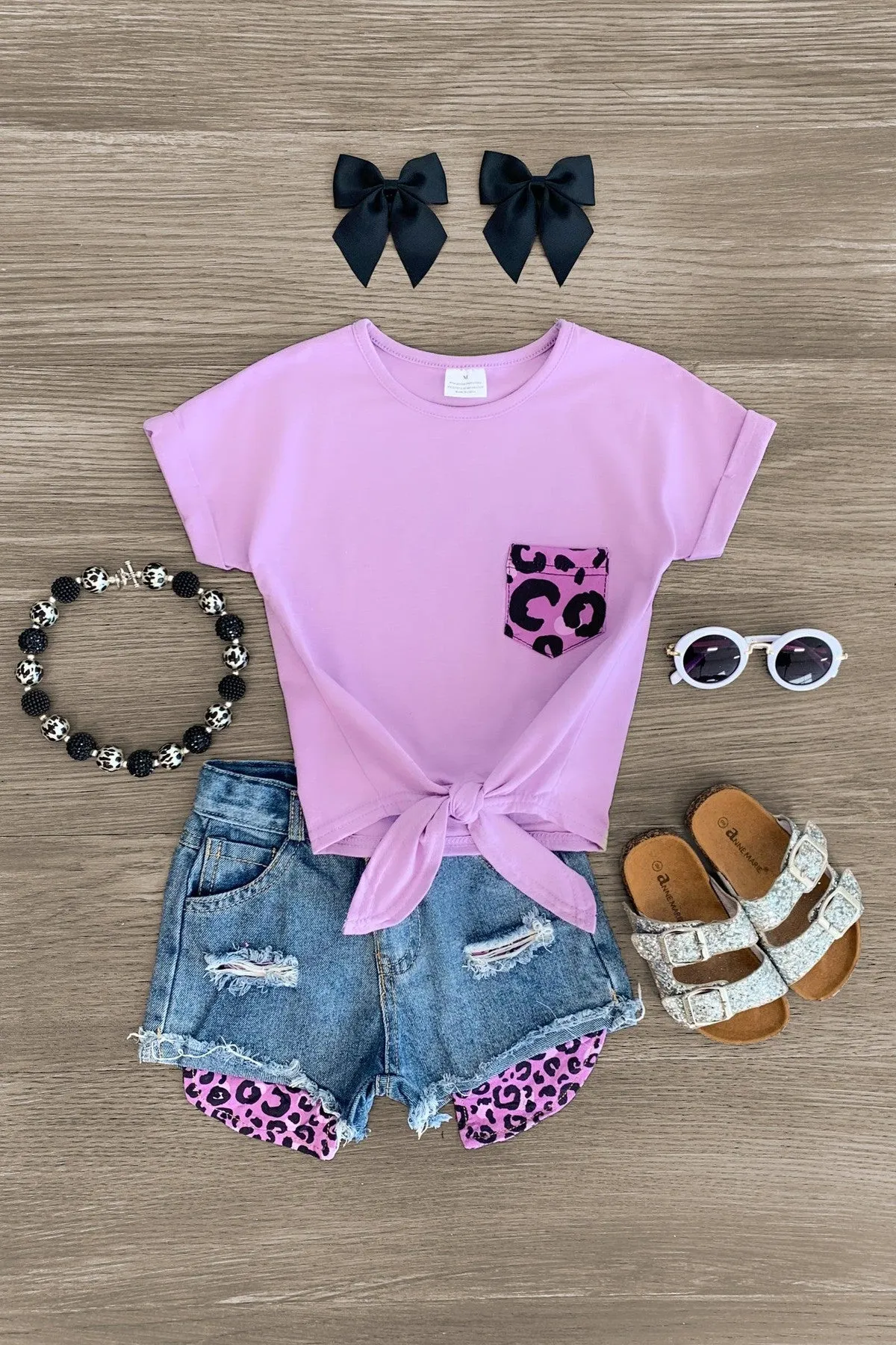 Purple Leopard Tie Top Distressed Denim Short Set