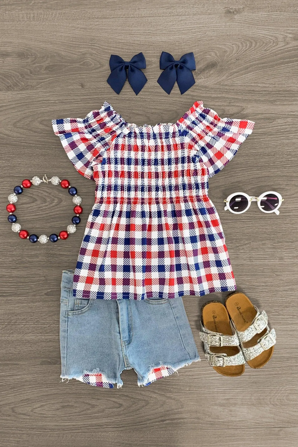 Red White & Blue Plaid Denim Short Set